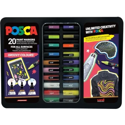 Afbeelding van Posca paintmarkers, metalen doos van 20 stuks, assorti, ontwerp Groovy Colours