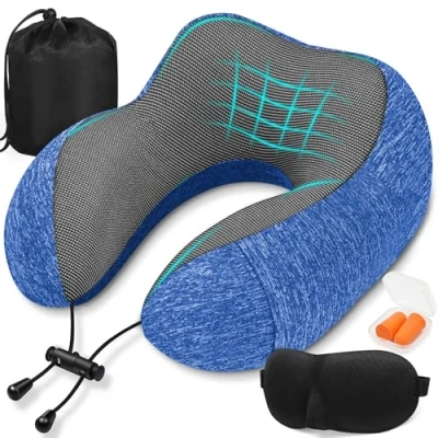 Afbeelding van SOMLAW Vliegtuig nekkussen, 100% traagschuim, draagbaar, met 3D slaapmasker en oordopjes, ideaal voor vliegtuigstoel, auto, huis, kantoor, kussen