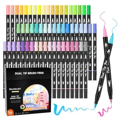 Afbeelding van Shuttle Art Pastelstiften, 56 stuks, penseelstiften met dubbele punt, fijne tekenstiften voor volwassenen, kleurboeken, schilderen, schetsen, kalligrafie en dagboek