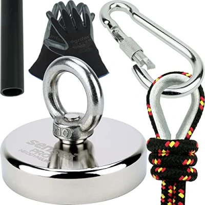 Afbeelding van Sensei set 300 kg, neodymium magneet N52 met oogje, Ø 8 x H 1,8 cm, vistouw 25 m, beschermende handschoenen + accessoires, magneetset voor zoeken en vissen