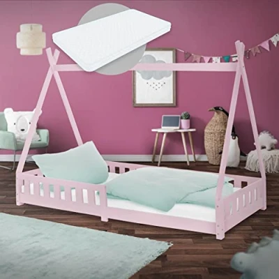 Afbeelding van Kinderbed met uitvalbeveiliging en lattenbodem 90x200 cm Roze grenen hout ML Design