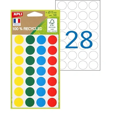 Afbeelding van APLI 101786 100% gerecyclede kleurentabletten, 140 stuks, verschillende kleuren: groen, blauw, rood, geel, diameter 15 mm