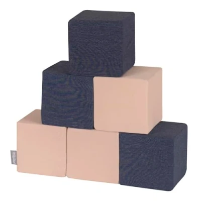 Afbeelding van KiddyMoon Lot de 6 cubes en mousse pour bébé Jouets Montessori avec et beaucoup plaisir les enfants, fabriqué dans l&#039;UE, blocs : bleu foncé beige