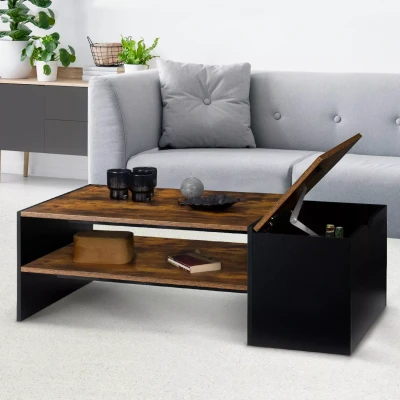 Afbeelding van Table basse bar contemporaine IZIA avec coffre bois foncé effet vieilli et noir