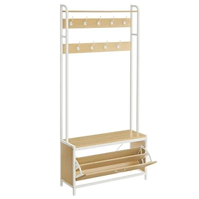 Afbeelding van VASAGLE Entreekast met bank, 9 haken en plank, kapstok, garderobe, voor hal, slaapkamer, moderne stijl, kleur eiken wit HSR405W09