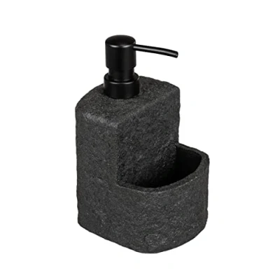Afbeelding van WENKO Zwarte afwasmiddeldispenser Festival Stone, navulbare zeepdispenser in steenlook van hoogwaardig kunsthars voor de keuken, extra vak afwasspons, inhoud 380 ml,