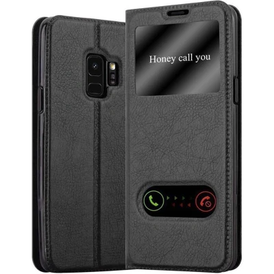 Afbeelding van Cadorabo Hoesje geschikt voor Samsung Galaxy S9 in KOMEET ZWART Beschermhoes met magnetische sluiting, standfunctie en 2 kijkvensters Book Case Cover Etui