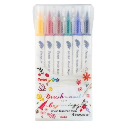 Image de Pochette de 6 feutres Pentel pinceau bi pointe