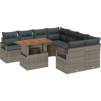 Afbeelding van vidaXL 9 delige Tuin Sofa Set met Kussens Grijs Poly Rattan Acacia