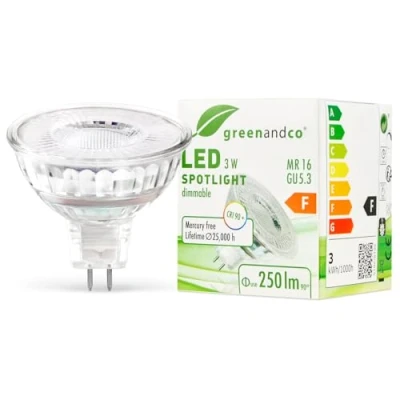 Afbeelding van greenandco® CRI 90+ MR16 GU5.3 led spot, dimbaar, 3 W, 250 lm, 38 graden, 2700 K, warmwit, 12 V AC/DC