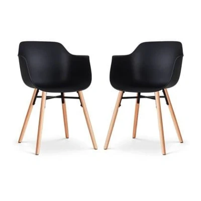 Afbeelding van Nolon Nena Puk Eetkamerstoelen Set van 2 Zwart met Armleuning Kunststof Zitting Houten Poten Kuipstoel