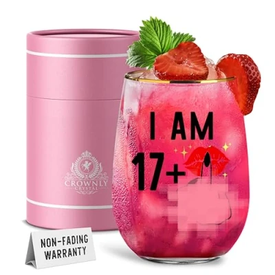 Afbeelding van CROWNLY CRYSTAL® cadeau voor 18e verjaardag meisje wijnglas gepersonaliseerd grappig tiener glas idee vrouw