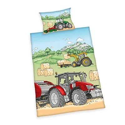 Afbeelding van Herding Tractor beddengoed, Made in Green by Oeko Tex, kussensloop ca. 40 x 60 cm, dekbedovertrek 135 100 met knoopsluiting, 100% wit/beige