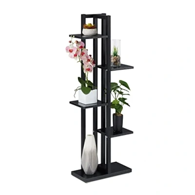 Afbeelding van Relaxdays Plantenrek, bloementrap met 5 planken, h x b d 117 43 22 cm, staal en MDF, bloemenrek binnen, zwart
