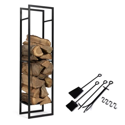 Image de Range bûches vertical acier noir avec étagère et accessoires H. 170 cm pour cheminée