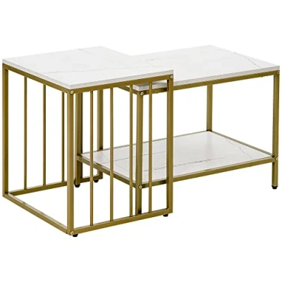 Afbeelding van HOMCOM Set van 2 vierkante uitschuifbare salontafels, wit dienblad in marmerlook en gouden metalen voet