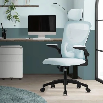 Afbeelding van Ergonomische bureaustoel blauw netweefsel met verstelbare hoofdsteun en wielen ML design