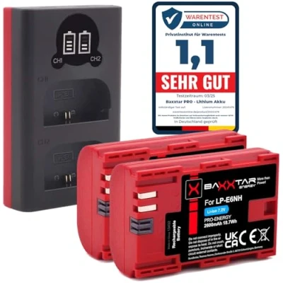 Afbeelding van Baxxtar Pro LP E6NH 2600 mAh batterijpakket compatibel met Canon R5 R5c R6 R6II R7 enz. 18602 Mini LCD DUAL oplader (USB C en MicroUSB ingang)