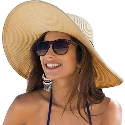 Afbeelding van Dreshow Strohoed voor dames, hoed met brede rand, zonnehoed, ademend, anti uv, strand, UPF 50+