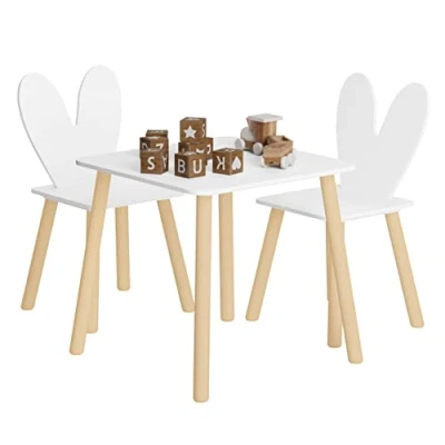 Afbeelding van WOLTU tafel en stoelen voor kinderen, kleine met 2 stoelen, kindermeubel om te eten schilderen, in kinderkamer, MDF massief hout, wit houtkleur