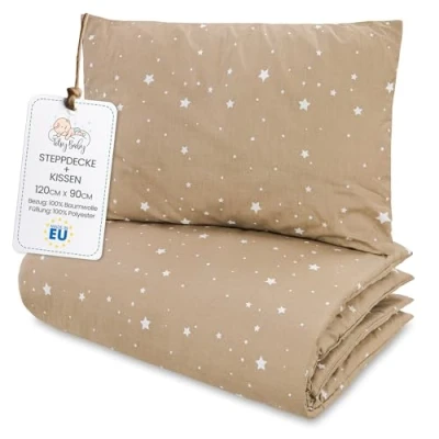 Afbeelding van Katoenen kinderdekbed 90 x 120 cm, babydeken, beddengoed voor babybed cm en kussen 60 40 beige met witte sterren