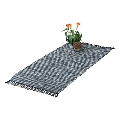Afbeelding van Relaxdays vloerkleed leder en katoen tapijt antislip chill mat lappen franjes Grijs, 70x140cm