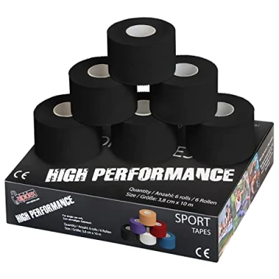 Afbeelding van ALPIDEX 6 x sporttape, 3,8 cm 10 m, verschillende kleuren, gewrichten, band, niet elastisch, handbal, voetbal, volleybal, kleur: zwart