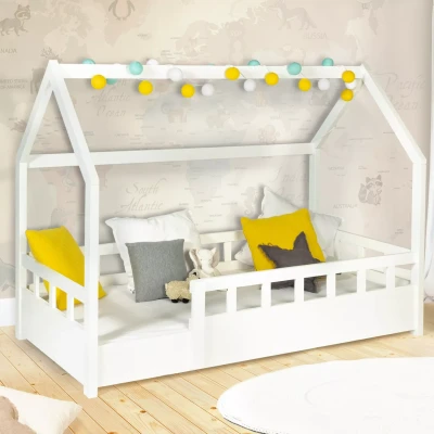 Image de Lit cabane enfant 80 x 160 CM NEREE blanc avec sommier et barrières
