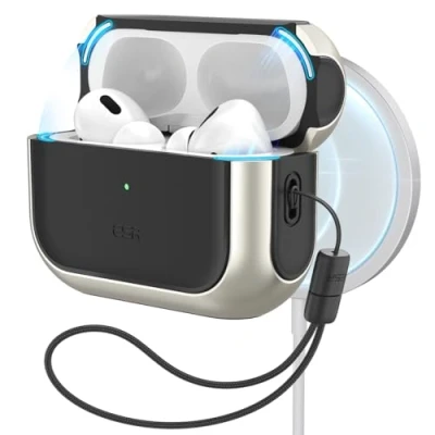 Afbeelding van ESR Orbit Hybrid HaloLock Case Apple AirPods Pro (2. Generation 2023, 2. 2022, 1. 2019) Titaan MagSafe compatible, Met polsband,