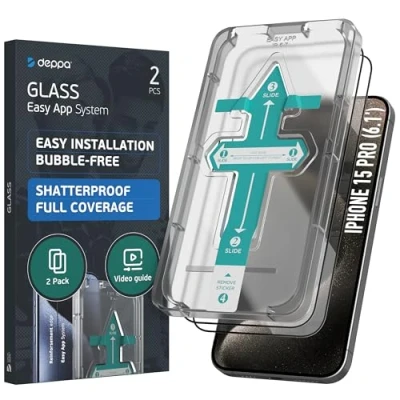 Afbeelding van Deppa [2 stuks] gehard glas iPhone 15 Pro (6,1 inch) [volledige afdekking] met eenvoudige installatieset, displaybeschermfolie [video installatiehandleiding]