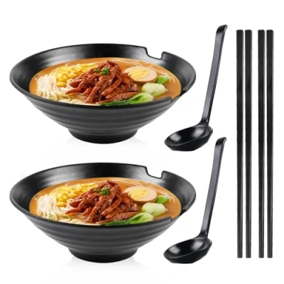 Afbeelding van Set van 2 ramenkommen met lepel en eetstokjes, hoogwaardige antislip soepkommen, 1000 ml, grote soepkom, Japans servies voor ramen, pasta, salade