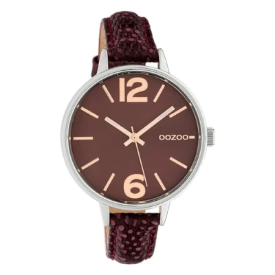 Afbeelding van OOZOO Timepieces Zilverkleurige horloge met bordeaux rode leren band C10457