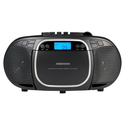 Afbeelding van MEDION E66476 stereo geluidssysteem (boombox, cd speler, mp3, cassette, draagbare cassettespeler voor kinderen, FM radio, AUX, hoofdtelefoon, netwerk en batterij) zwart