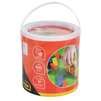 Afbeelding van Idena 40030 Houten bouwstenen in verschillende kleuren en vormen, vanaf 12 maanden, 100 stuks een emmer