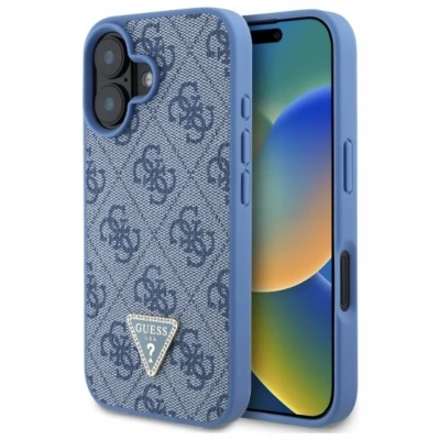 Afbeelding van Guess Hardcase PU Leather 4G Triangle Strass Blue iPhone 16