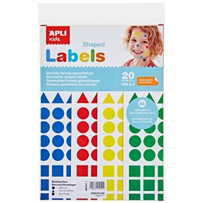Afbeelding van Apli KIDS 5151 Verpakking met 1920 stickers in verschillende vormen en kleuren 20 vellen geel/blauw/rood/groen driehoeken (20 x mm), rond (diameter mm) vierkant