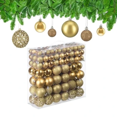 Afbeelding van Relaxdays kerstballen set van 150 mat glanzend glitters plastic ∅ 3, 4, 6 cm goud