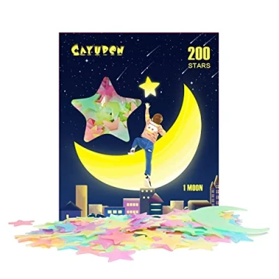 Afbeelding van CAYUDEN 201 stuks lichtgevende sterren van kunststof voor plafond, 3D en maan, kunststof, muursticker kinderkamer