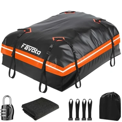 Afbeelding van Favoto Auto dakkoffer, 425 l, waterdichte daktas, opvouwbare bagagedrager, met antislipmat, deurhaak en versterkingsriemen voor bagagetransport, oranje