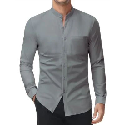 Afbeelding van DEMEANOR Stretch overhemd zonder kraag voor heren, lange mouwen, slim fit, kreukvrij, opstaande kraag, Donkergrijs