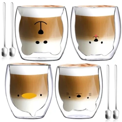 Afbeelding van NCKIHRKK Koffiekopjes Dubbelwandige Glazen Kopjes, 4 x 250 ml Esthetische Schattige Koffiekop Thee Latte Cappuccino Espressokopjes, Cadeau voor Verjaardag, Valentijnsdag, Kantoor
