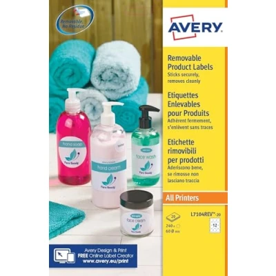Afbeelding van Avery L7104REV 20 verwijderbare productetiketten, diameter 60 mm, 240 etiketten, wit etiket