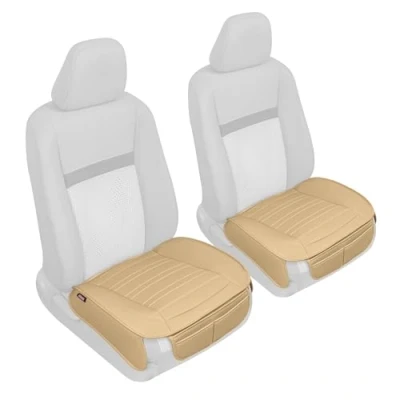 Afbeelding van Motor Trend stoelhoezen voor auto&#039;s, vrachtwagens, SUV, kunstleer, beige, gevoerde met opbergzakken, premium interieurautostoelhoes, 2 x voorstoelhoezen