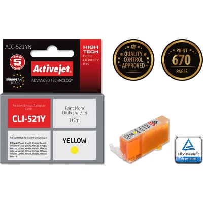 Afbeelding van Activejet ACC 521YN inktcartridge (vervanging voor Canon CLI 521Y; Supreme; 10 ml; geel)