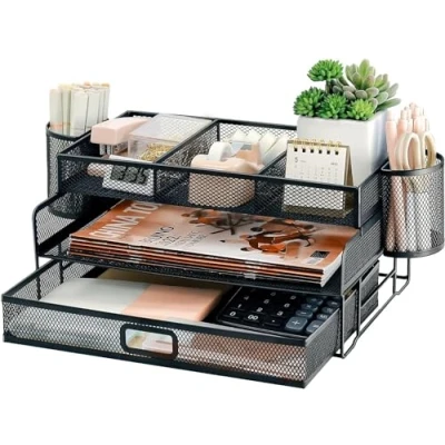 Afbeelding van Bureaublad van mesh met lade, A4 bureau bestandsorganizer 2 niveaus bovenste schrijfwarenhouder, organizer extra scheidingswand (2