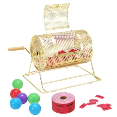 Image de VEVOR Tambour de Tombola Loterie Loto, Capacité 2500 Billets ou 100 Balles Ping pong, Cage Jeu Bingo en Métal, Plaquée Laiton, Poignée Tournante Bois, 295 x Ø 190 mm, pour Vote Événement