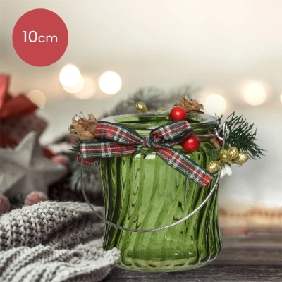 Afbeelding van Groene glazen waxinelichthouder met wave patroon en versiering Ø8 x 10 cm kerstdecoratie kerst luxe theelichthouder voor kaarsjes