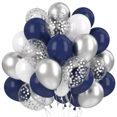 Afbeelding van Donkerblauwe ballonnen, 60 stuks, 30 cm, marineblauw, blauw, wit, zilver, confetti, latexballonnen, feestballonnen voor kinderen, jongens, verjaardag, feestdecoratie