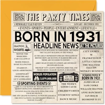 Afbeelding van 93e verjaardagskaarten voor mannen en vrouwen Born in Journal 1931 verjaardagskaart opa, oma, vintage retro 1931, 145 mm x