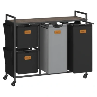 Afbeelding van VASAGLE Wasmand, 4 vakken, mand 150 l, bak, wielen, trolley met planken, tas, zijvakken, 6 etiketten, kastanjebruin, inktzwart en duifsteengrijs BLH203B01